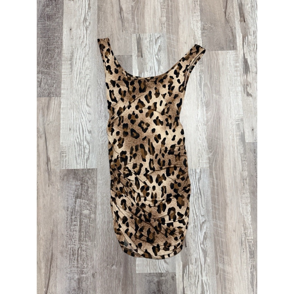 Y2K Bodycon Mini Dress‎ Womens Large Brown Leopard Print SUPRE S/M